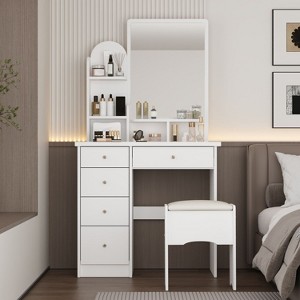 Famapy 31.5''W Dressing Desk Makeup Vanity Set with Stool and Mirror Led Light Bedroom Accent - 1 of 4