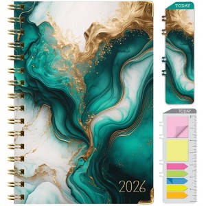HARDCOVER 2026 Planner, 5.5"x8": 14 Months (Nov 2025-Dec 2026), Daily/Weekly/Monthly,  Bookmark, Pocket Folder w Sticky Notes (Teal Gold Marble) - 1 of 4