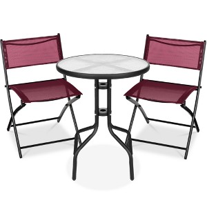 Best Choice Products 3-Piece Patio Bistro Dining Furniture Set w/ Round Textured Glass Tabletop, Folding Chairs - 1 of 4