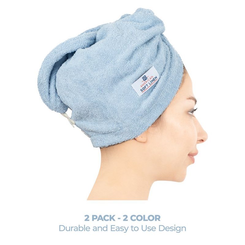 American Soft Linen 100% Cotton Hair Drying Towels for Women, 2 Pack Head Towel Cap, Cotton Hair Turban Towel Wrap, 3 of 9