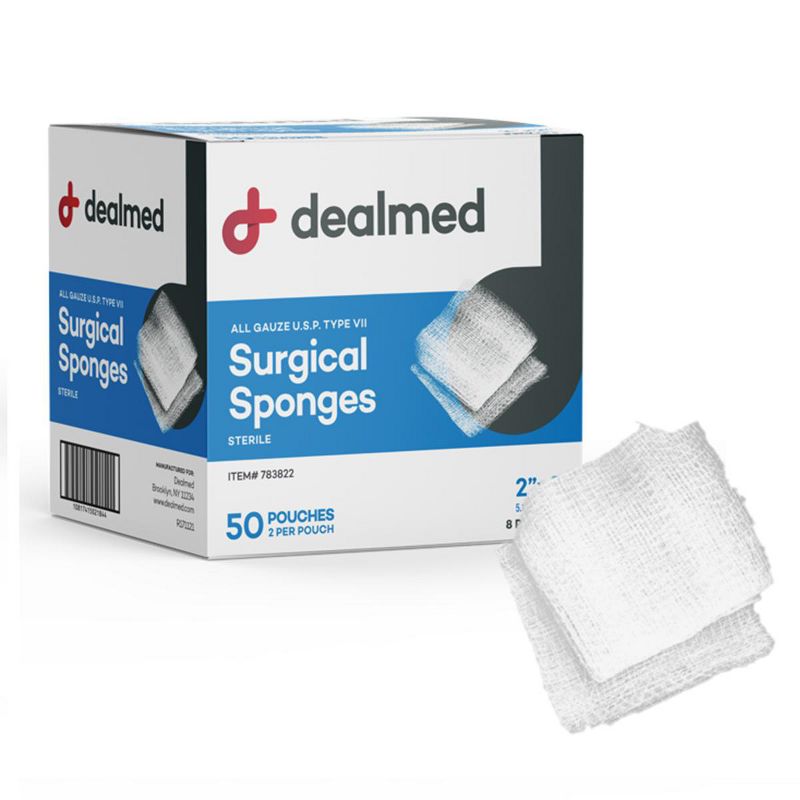 Dealmed 2" x 2" Sterile Gauze Sponges, 8-Ply Woven Gauze Pads for Wound Care, 2/Pouch, 50 Pouches/Box, 1 of 5