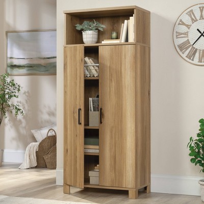 Timber Oak Storage Cabinet with Adjustable Shelving and Black Hardware