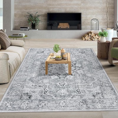 Acekool 5x7 Washable Area Rug - Boho Vintage Distressed Design, Stain Resistant Low Pile Rug for Living Room, Bedroom, Office, Grey