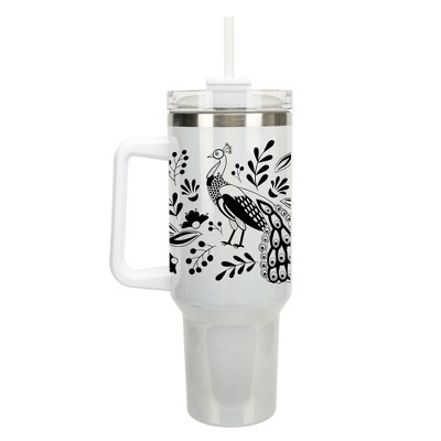 Elanze Designs Peacock Bird Flower Garden 40 oz. Stainless Steel, Large Water Bottle Coffee Mug, Spill & Leak Resistant, Thermal Travel Tumbler with