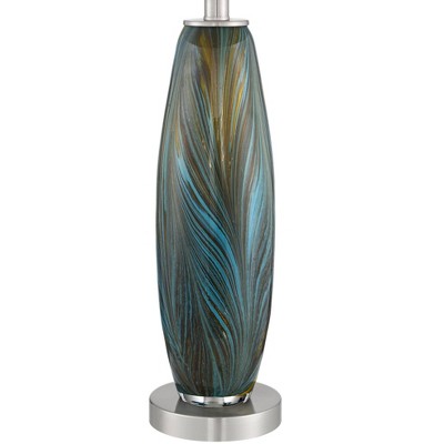 Azure Blue and Brown Art Glass Table Lamp Set with White Fabric Shade