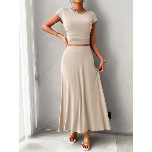 Women's 2 Piece Summer Outfits Dressy Casual Knit Short Sleeve Crop Top High Waist Midi Skirt Set - 1 of 4