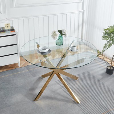 NicBex Minimalist Round Glass Dining Table with Cross Metal Legs,Modern Kitchen Table Bar Table,Dining Room Furniture