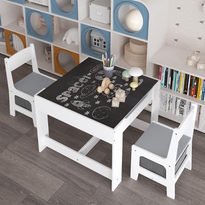 Kids Table and Chair Set, 3 in 1 Wooden Activity Table with Storage ...