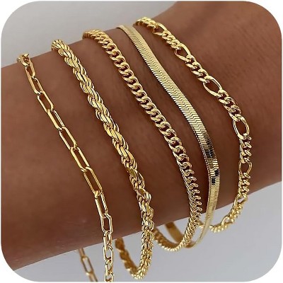 Gold Bracelets - Real 14K Women's Cute Tennis Cubic Beaded Link Paperclip Dainty Bracelet Pack