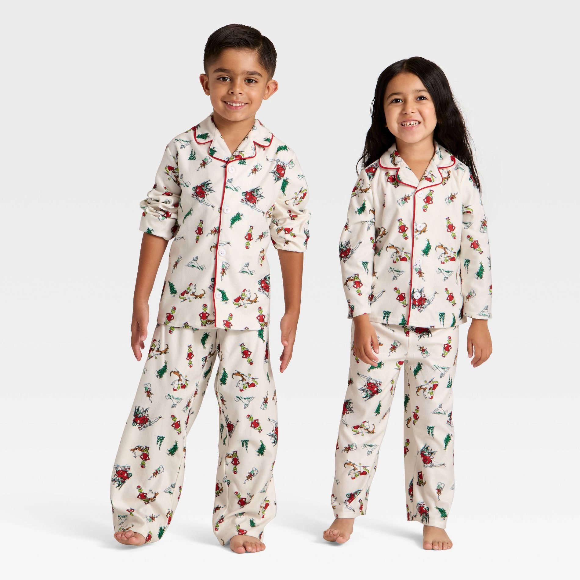 Toddler Grinch Print Long Sleeve Shirt and Pants Holiday Matching Family Pajama Set - Cream