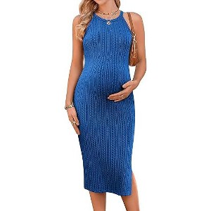 Ekouaer Maternity Dress Rib Knit Side Slit Stretchy Bodycon Pregnancy Dresses Halter Neck Sleeveless Pregnant Clothes - 1 of 2