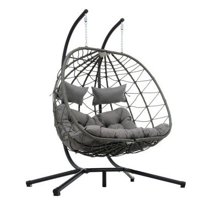 PAGED Indoor Outdoor PE Wicker Swing Chair with Foldable Design and Stand,2 Persons Egg Chair for Patio,Porch,Garden