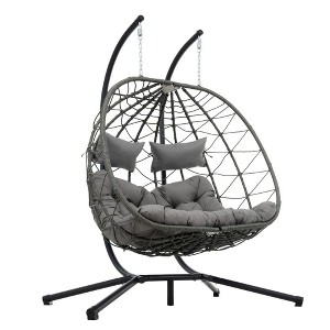 PAGED Indoor Outdoor PE Wicker Swing Chair with Foldable Design and Stand,2 Persons Egg Chair for Patio,Porch,Garden - 1 of 4