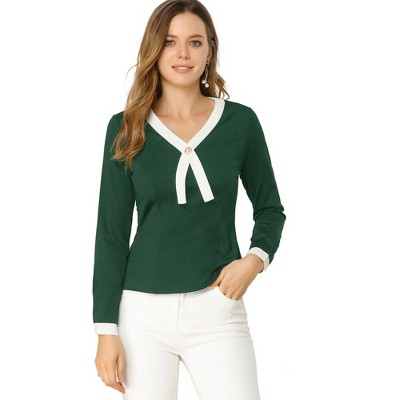 INSPIRE CHIC Women's V Neck Long Sleeve Contrast Trim Blouse