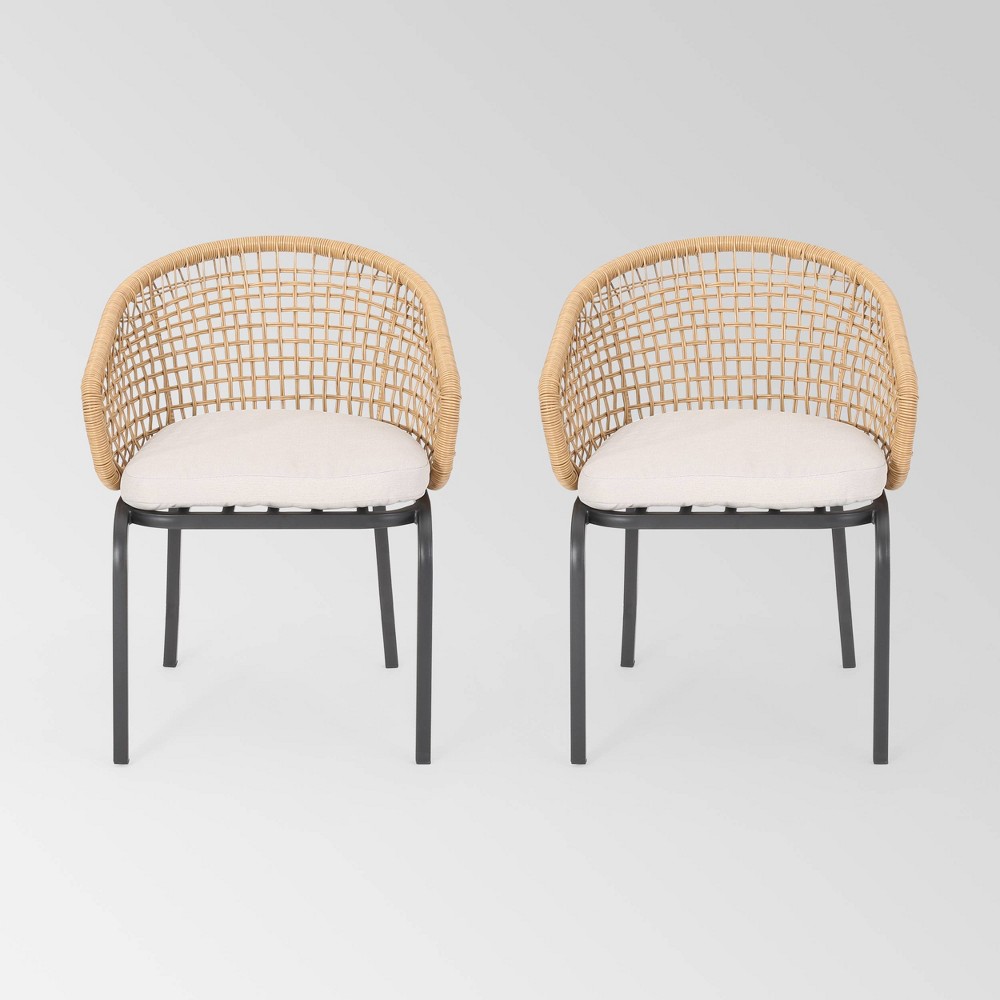 Arias Set of 2 Wicker Club Chair: Beige Cushions, Weather-Resistant, Christopher Knight Home