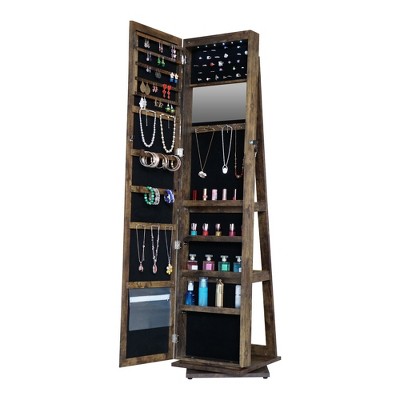BDELITE Full Length Mirror 360° Swivel Jewelry Cabinet-14.2x3.9x43.4 Inch,Brown