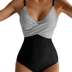 Women's Summer Casual One Piece Swimsuits Front Cross Bathing Suits V Neck Tie Back High Waist Swimwear Bikini - 1 of 4