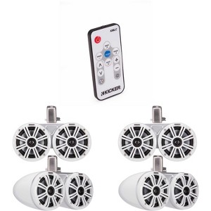 Kicker (2 pair ) 45KMTDC65 Marine Tower Speakers with Swivel Clamps & 45KM654L Speakers White Grills with White Enclosures ( Includes LED Remote ) - 1 of 4