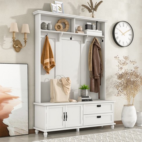 Modern Style Hall Tree With Storage Cabinet, 2 Large Drawers, Widen Mudroom  Bench And 5 Coat Hooks, White - Modernluxe : Target