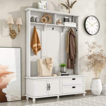 Modern Style Hall Tree with Storage Cabinet, 2 Large Drawers, Widen Mudroom Bench and 5 Coat Hooks - ModernLuxe