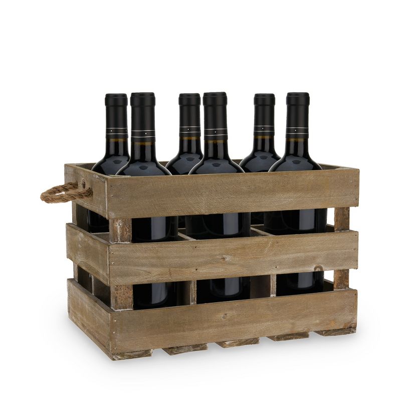 Twine 4281 Farm House Decor, Wood Wine Holder Rustic Farmhouse Wooden 6 Bottle Crate, Dark wood, Brown Finish, 1 of 8
