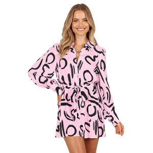 Women's Collar V Neck Button Down Long Sleeve Mini Shirt Dress with Belt - 1 of 3