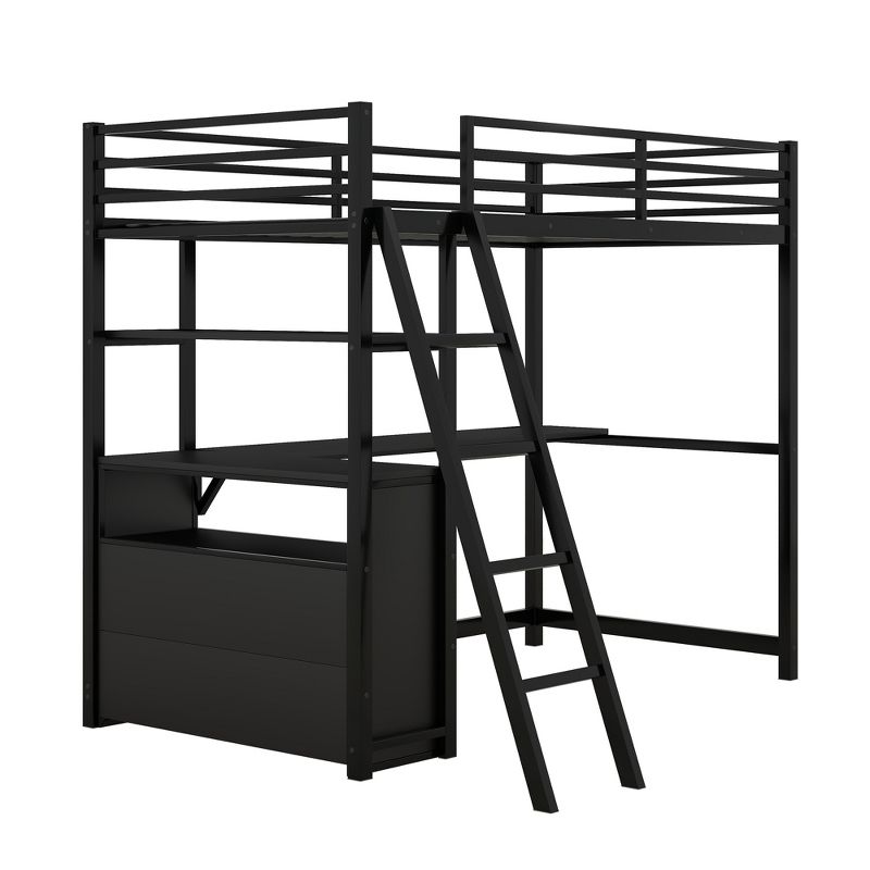 Twin Size Metal Loft Bed with Desk, Shelves and Two Built-in Drawers - ModernLuxe, 5 of 12
