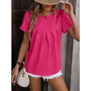 Coolmee Womens Tops Petal Short Sleeve Summer Casual Dressy Shirts Floral Solid Blouse Pleated Tunics - 1 of 4