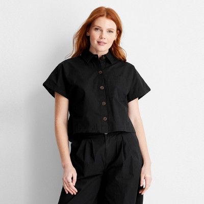 Women's Cap Sleeve V-Neck Button-Down Shirt - Future Collective Black S