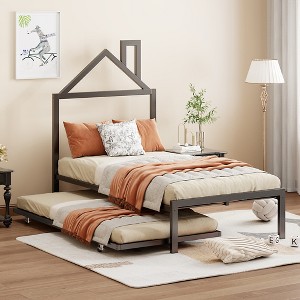 Full/Twin Size Metal Platform Bed Frame with Trundle Bed/ Drawers, House-Shaped Headboard Design 4S -ModernLuxe - 1 of 4