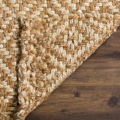 Ivory Geometric Handwoven Jute 6' Square Rug with Non-Slip Backing