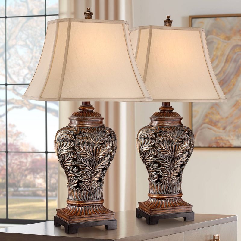 Barnes and Ivy Traditional Table Lamps 32.5" Tall Set of 2 Bronze Curling Leaves Tan Rectangular Shade for Living Room Family Bedroom Bedside, 2 of 10