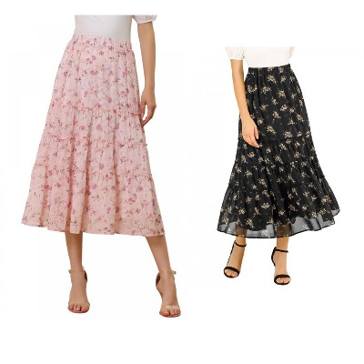Allegra K Women's Floral Elastic Waist Tiered Ruffle Boho Midi Skirt 2 Packs