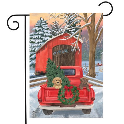 Winter Puppy Pickup Red Truck Christmas Garden Flag