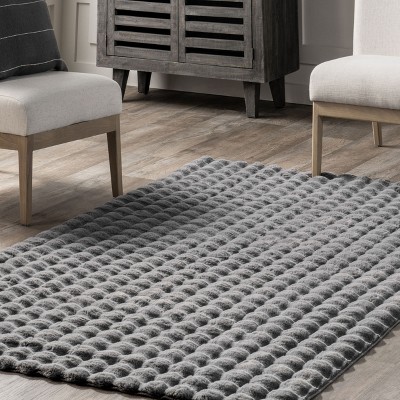 Dark Grey Faux Fur Washable Rectangular Area Rug
