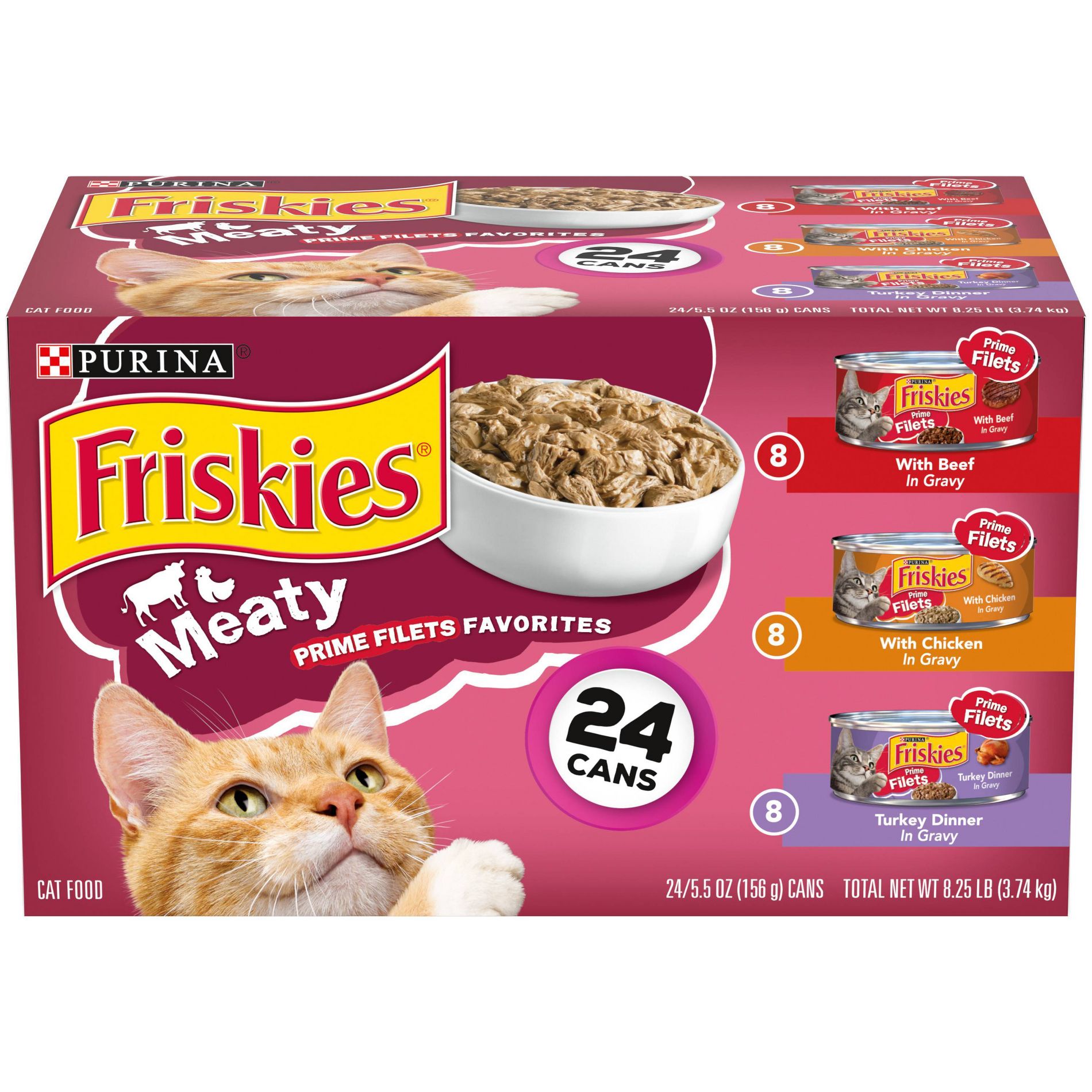 Purina Friskies Meaty Prime Filets Favorites with Chicken, Beef and Turkey Flavor Wet Cat Food - 5.5oz/24ct Variety Pack