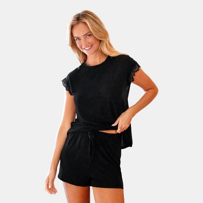 Women's Lace Short Sleeve Pajama Top & Drawstring Pajama Shorts  - Cupshe