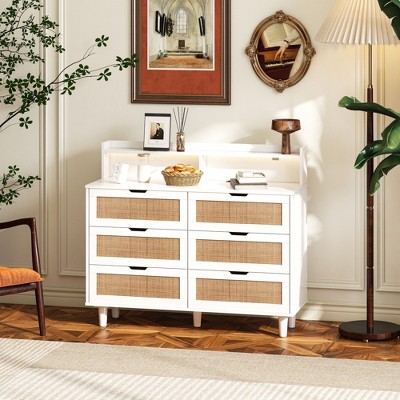 43.31" 6-Drawers Rattan Dresser, Storage Cabinet with LED Lights and Power Outle 4M - ModernLuxe