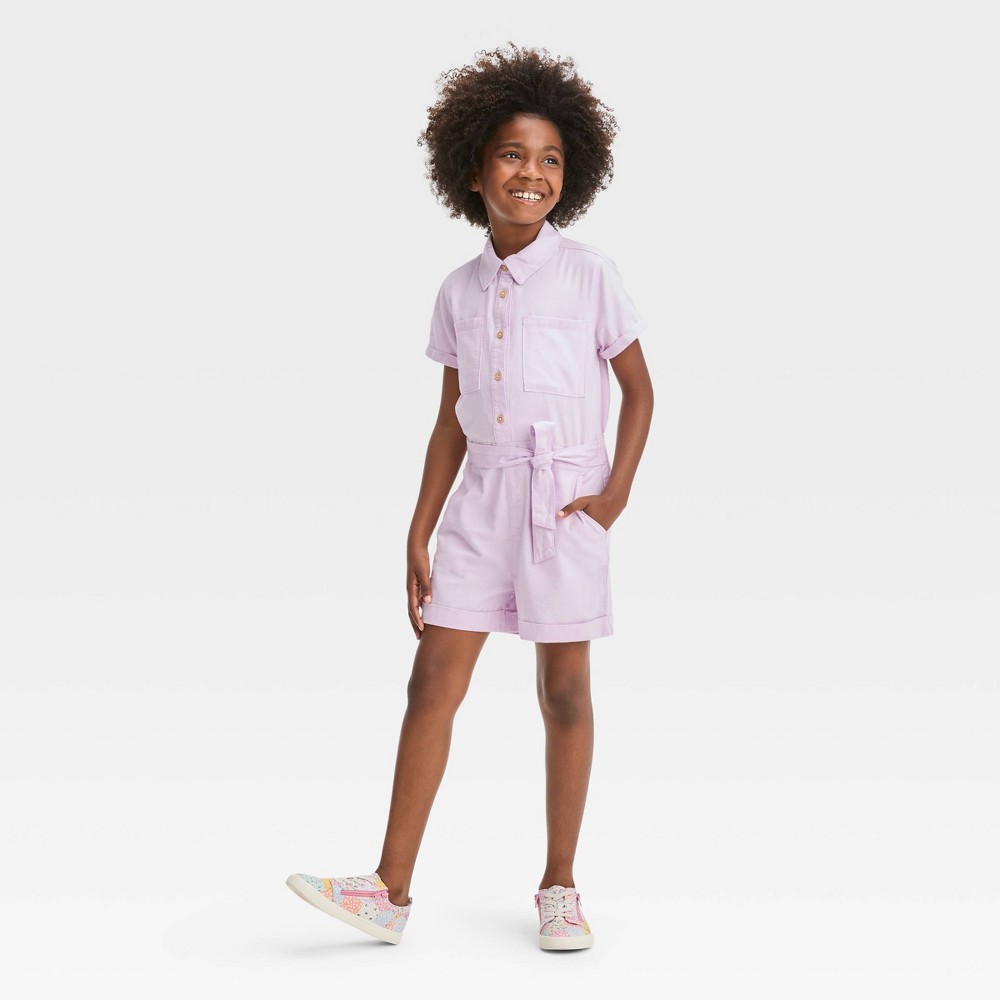 Girls' Short Sleeve Woven Romper - Cat & Jack™ Light Lavender L