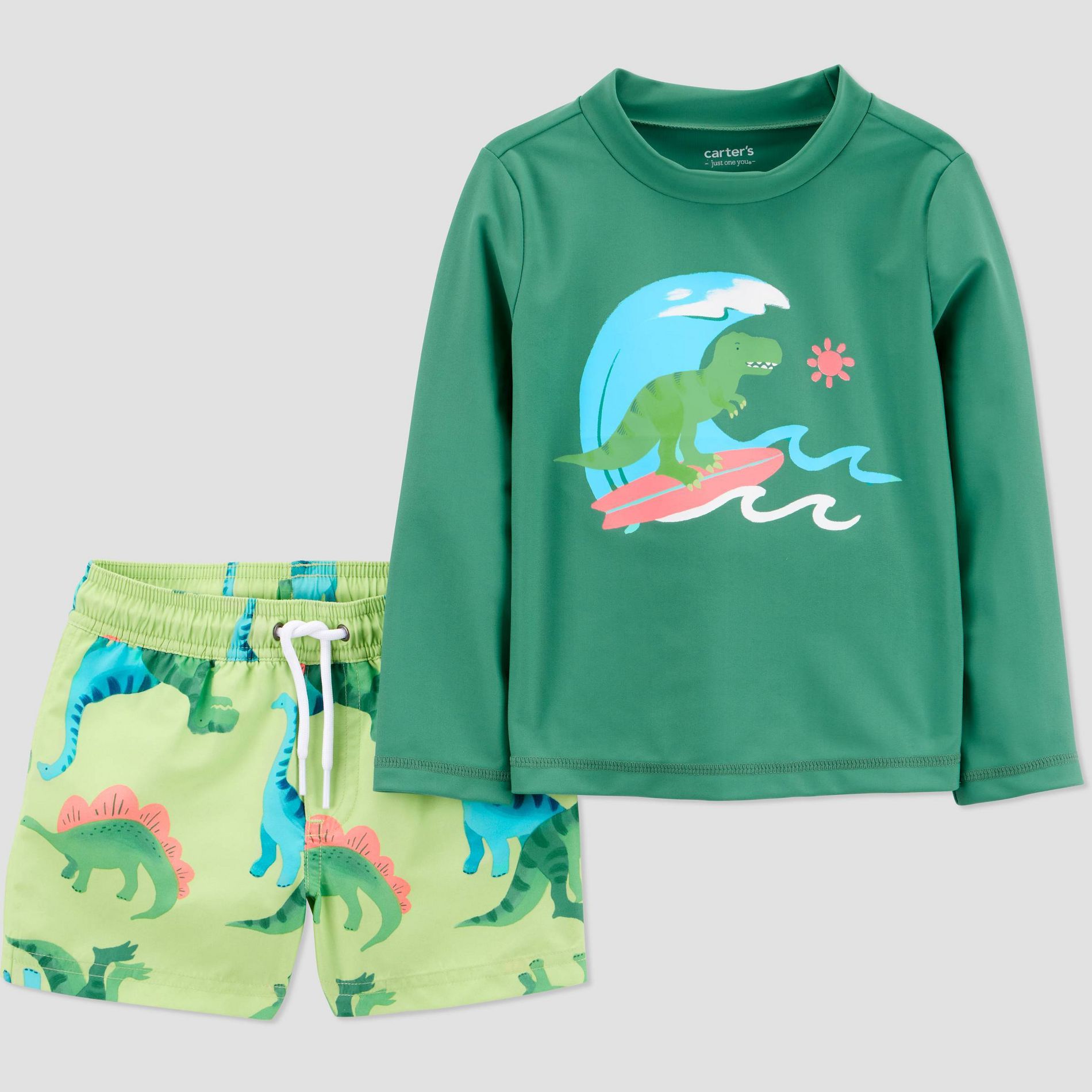 Carter's Just One You® Toddler Boys' Long Sleeve Dino 2PC Rash Guard & Swim Trunk Set - Green 3T