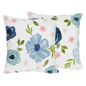 Sweet Jojo Designs Set of 2 Decorative Accent Kids' Throw Pillows 18in. Watercolor Floral Blue Pink and White - 1 of 4