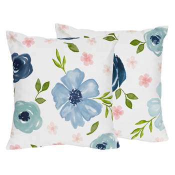 Sweet Jojo Designs Set of 2 Decorative Accent Kids' Throw Pillows 18in. Watercolor Floral Blue Pink and White