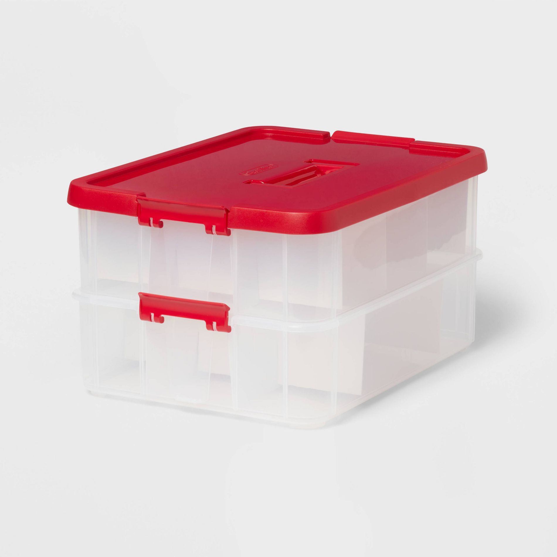 24ct Stack and Carry 2 Layer Ornament Box Clear with Lid Latch Handle Red - Brightroom™