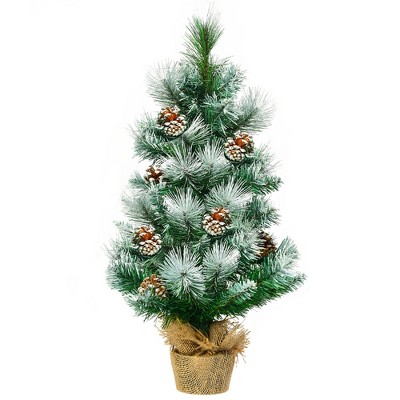 Costway 24'' Snow Flocked Artificial Christmas Tree Tabletop w/Pine Cones and Burlap Base