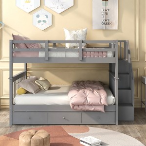 Whisen Stairway Full-Over-Full Bunk Bed with Drawer, Storage and Guard Rail for Bedroom - 1 of 4