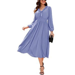 Womens Pleated Party Dress Long Sleeve V Neck Ruffle Elastic Empire Waist Wedding Guest Cocktail Dress - 1 of 4