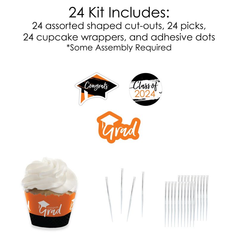 Big Dot of Happiness 2024 Orange Graduation Cupcake Decoration - Party Cupcake Wrappers and Treat Picks Kit - Set of 24, 5 of 8
