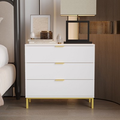 FUFU&GAGA Vertical 3 Drawer Gold Base Nightstand White For Bedroom