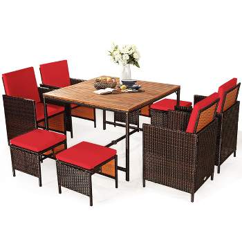 Tangkula 9 PCS Outdoor Patio Dining Set Conversation Furniture W/ Removable Cushions Red