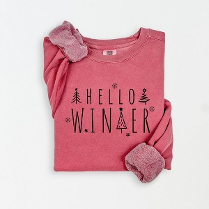 Simply Sage Market Women's Lightweight Garment Dyed Graphic Sweatshirt Hello Winter Trees - 1 of 4